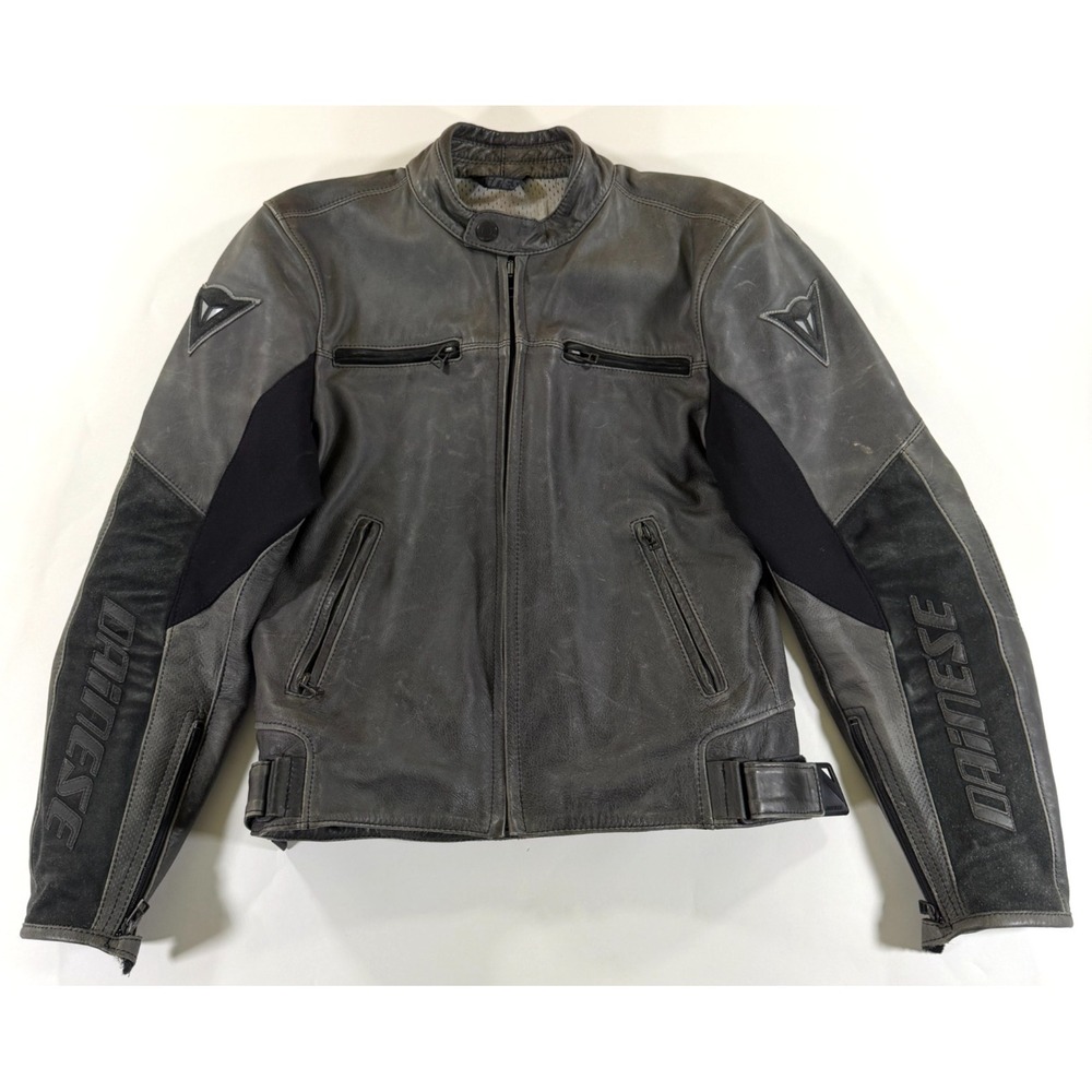 Dainese Stripes Leather Motorcycle Jacket Mens EU 46 US S 38 Gray Cafe Racer